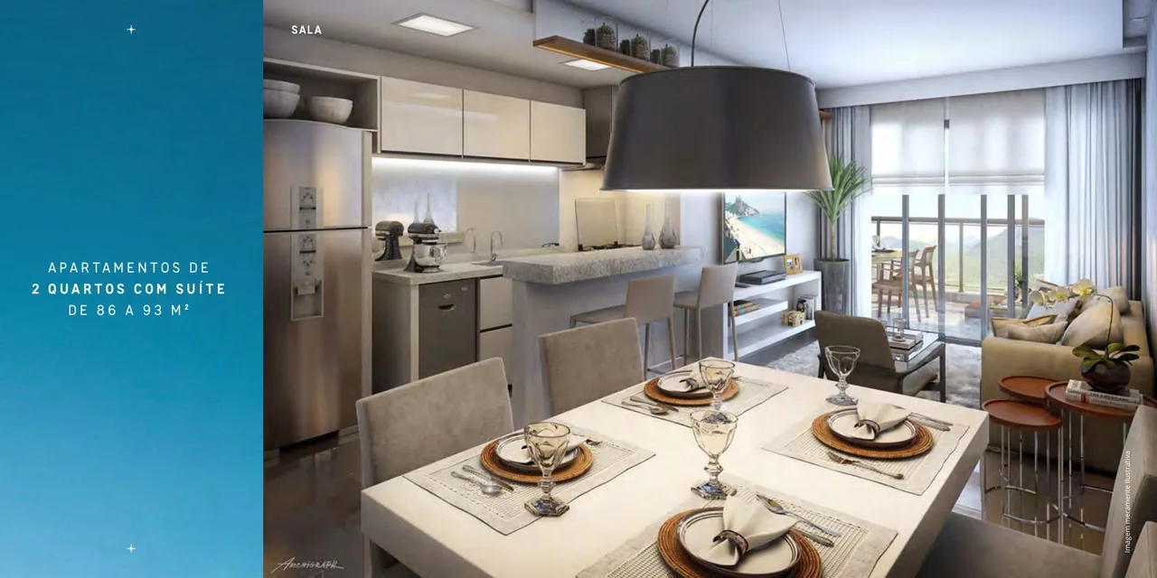 Sala integrada com cozinha americana e varanda — decorado Astra 2 quartos