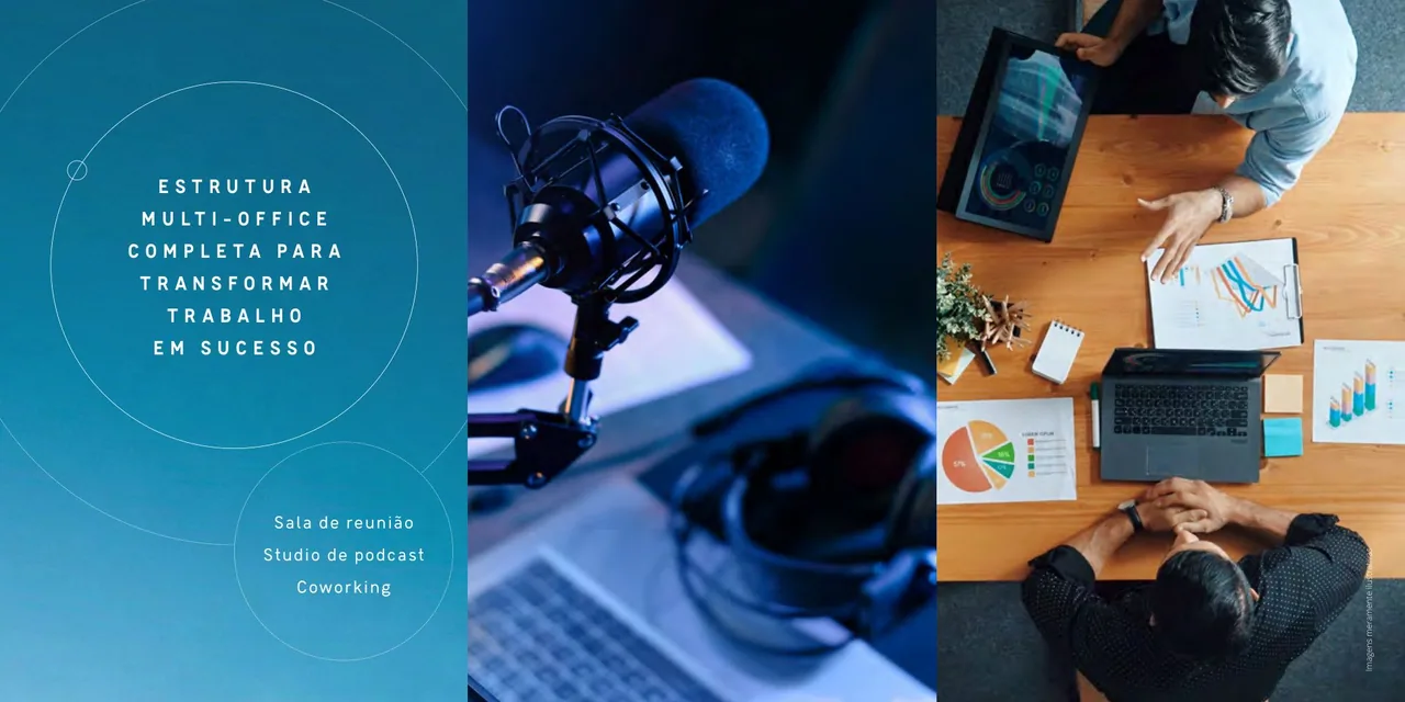 Coworking, podcast studio e sala de reunião