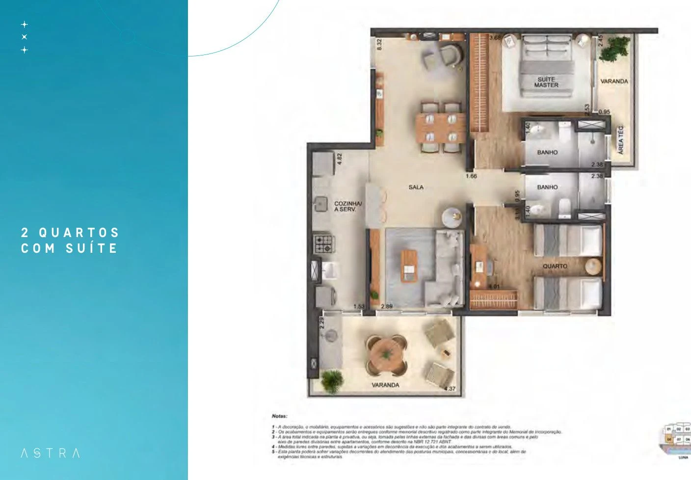 Planta 2 Quartos com Suíte Master — 86 m² — 86,78 m² — Astra