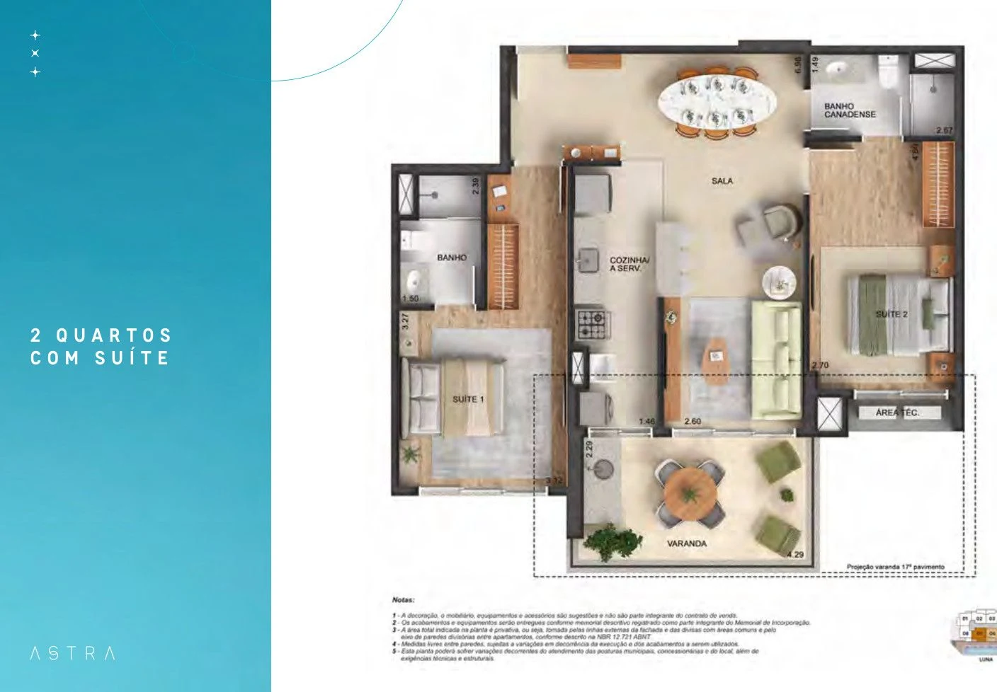 Planta 2 Quartos com Suíte — 87 m² — 87,09 m² — Astra