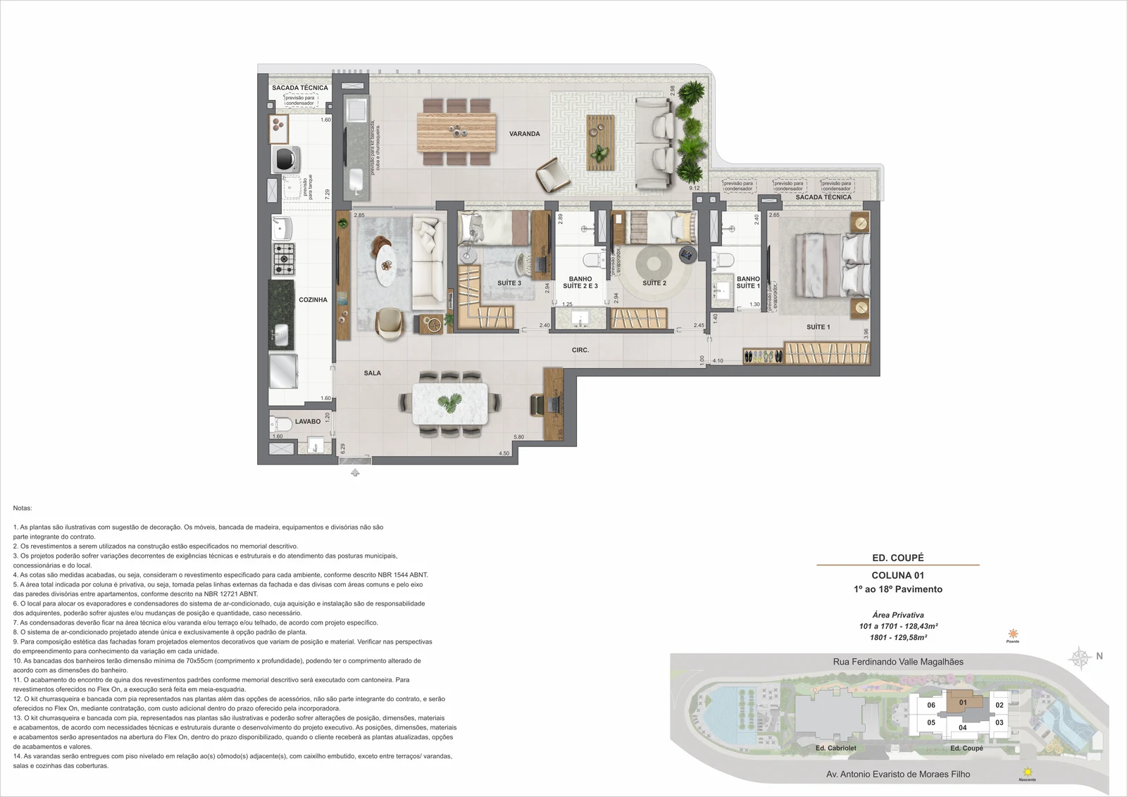 Planta 3 quartos ou 3 suítes — 128 a 146 m² — Coupé Tower