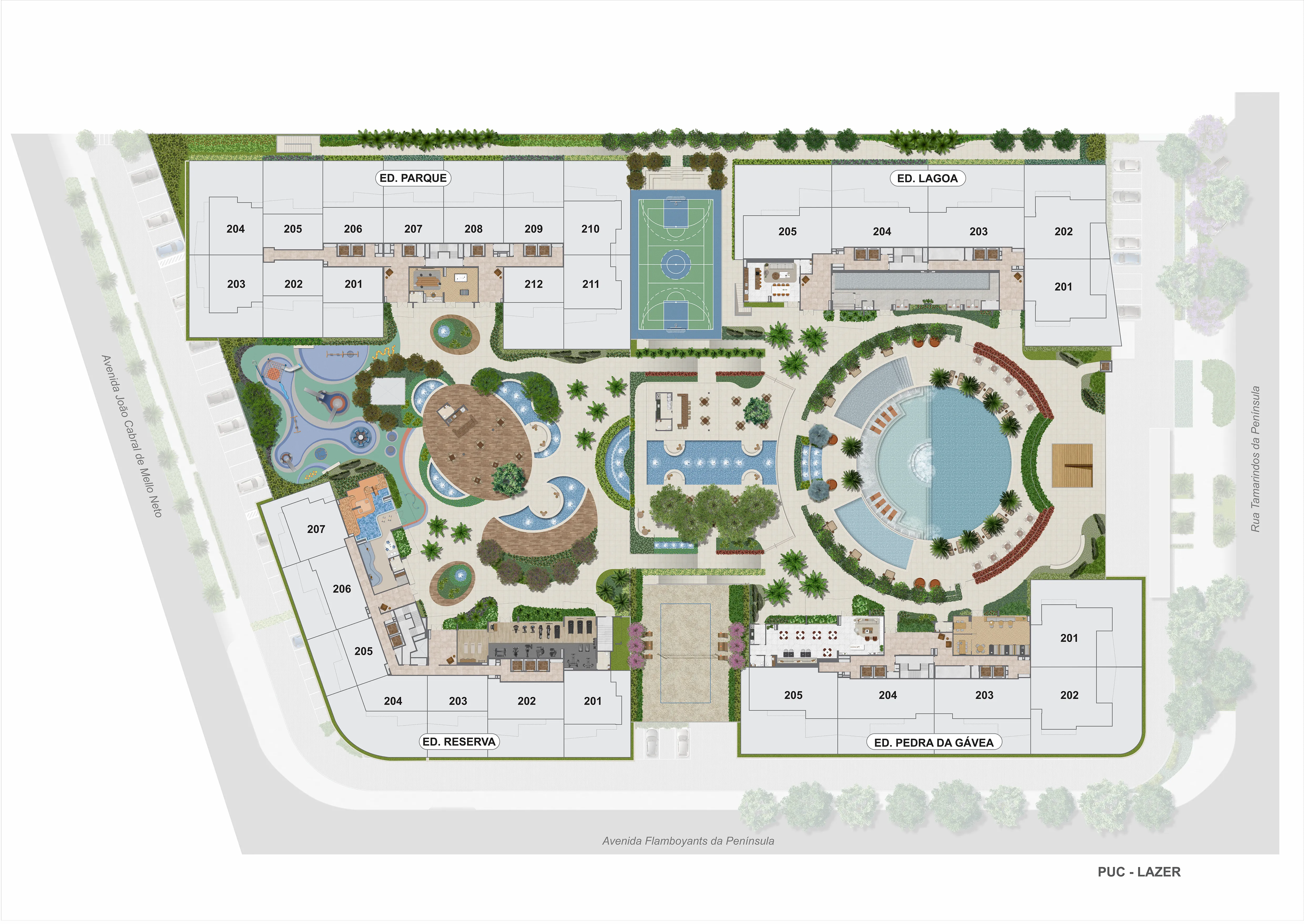 Masterplan do Endless Península com 4 edifícios — Lagoa, Pedra da Gávea, Reserva e Parque — e 8 mil m² de áreas de lazer
