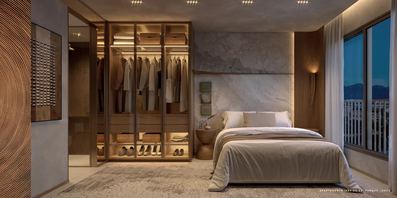 Suíte master do Apartamento 1409 do Edifício Parque, com closet aberto