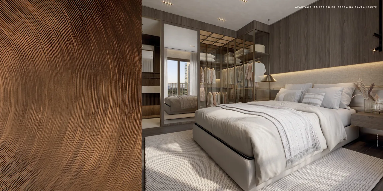 Suíte do Apartamento 708 do Edifício Pedra da Gávea, com closet espelhado