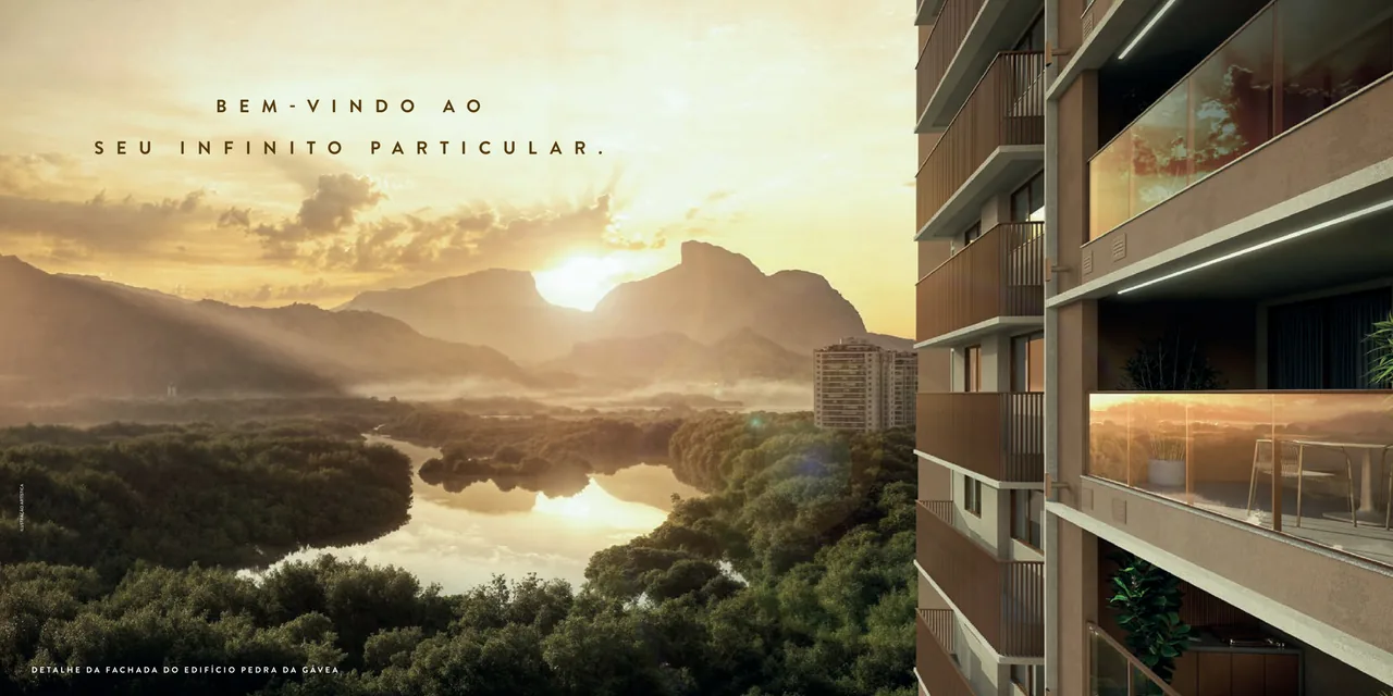 Pedra da Gávea ao pôr do sol vista da varanda do Endless Península, com lagoa de Marapendi em primeiro plano