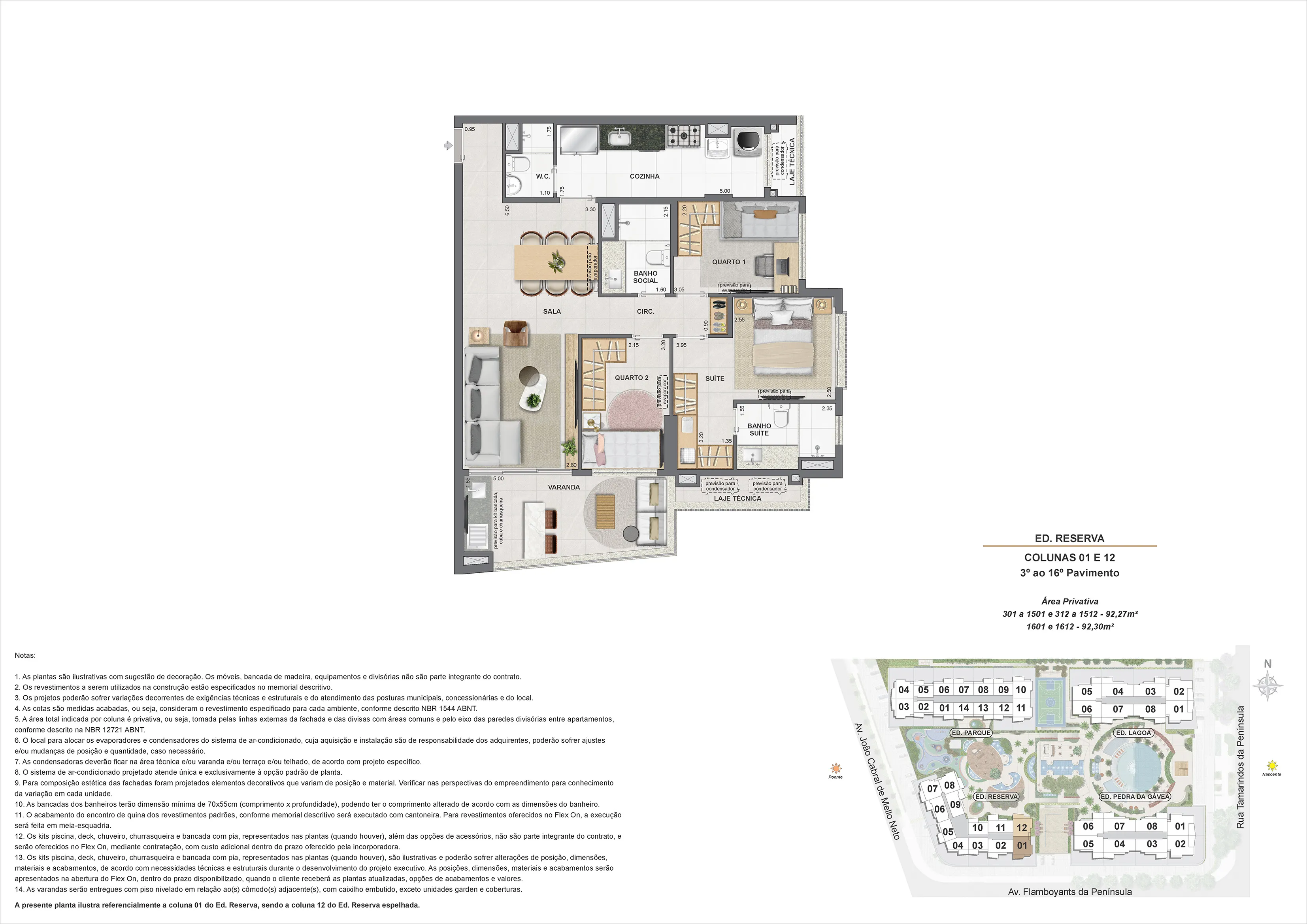 Planta Apartamentos de 3 quartos — 90 a 92 m² — Endless Península