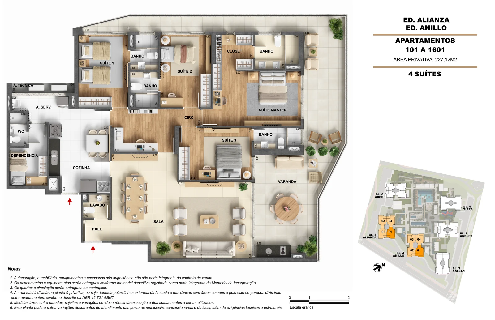 Planta Anillo — 4 suítes — 227,12 m² — ORO Ilha Pura