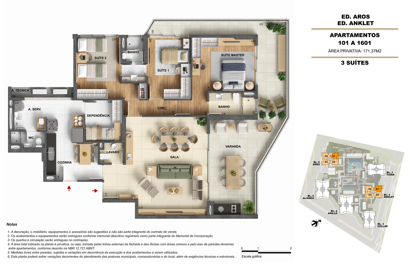 Planta Anklet — 3 suítes — 171,37 m² — ORO Ilha Pura