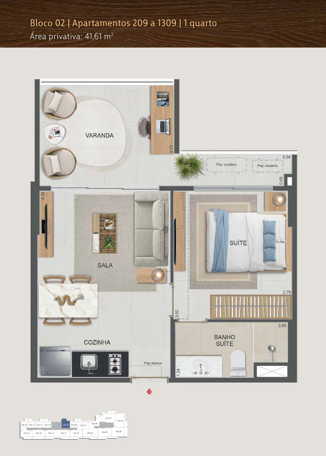 Planta 1 quarto — 40 a 43 m² — Symphony Residences