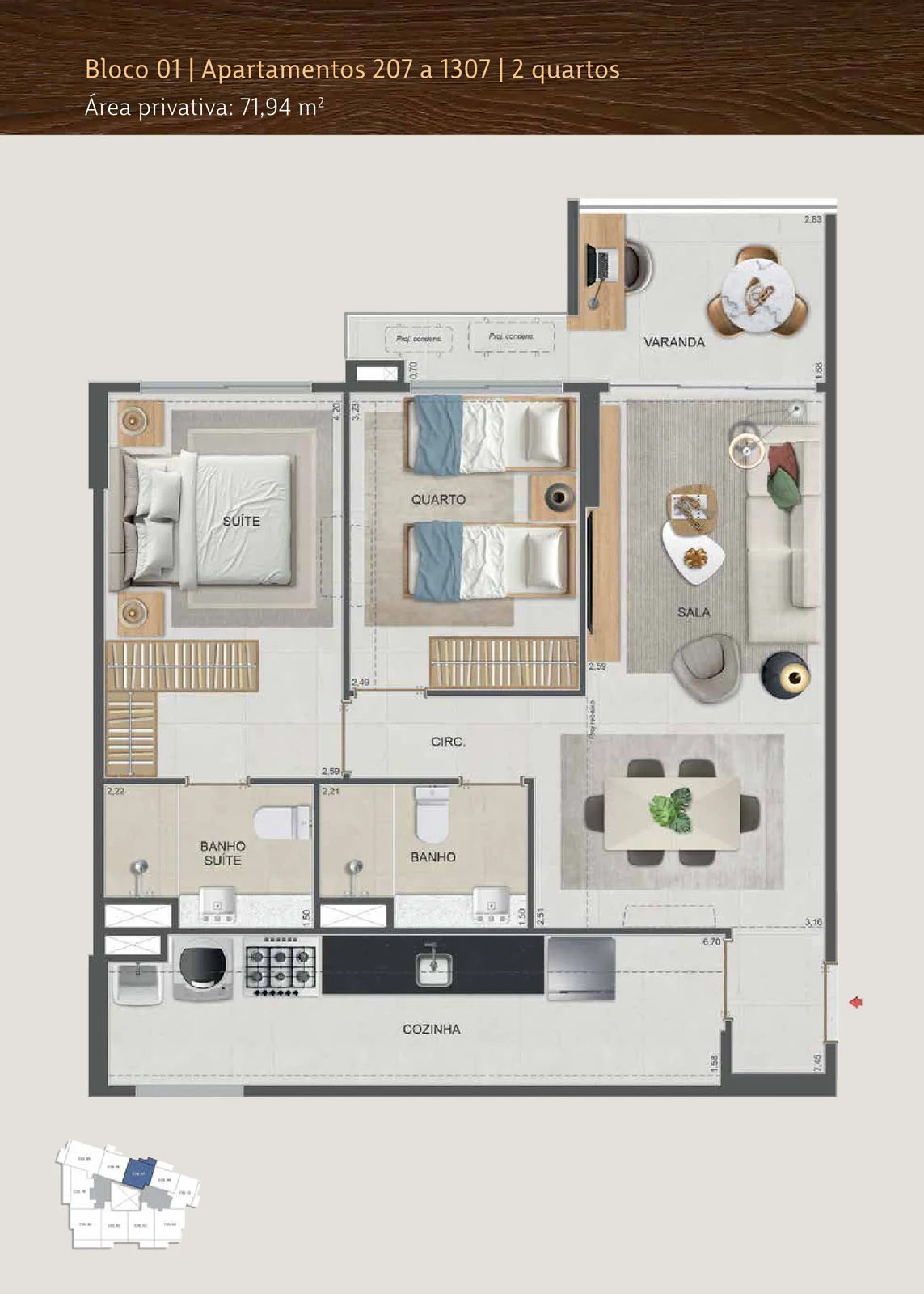 Planta 2 quartos — 62 a 77 m² — Symphony Residences