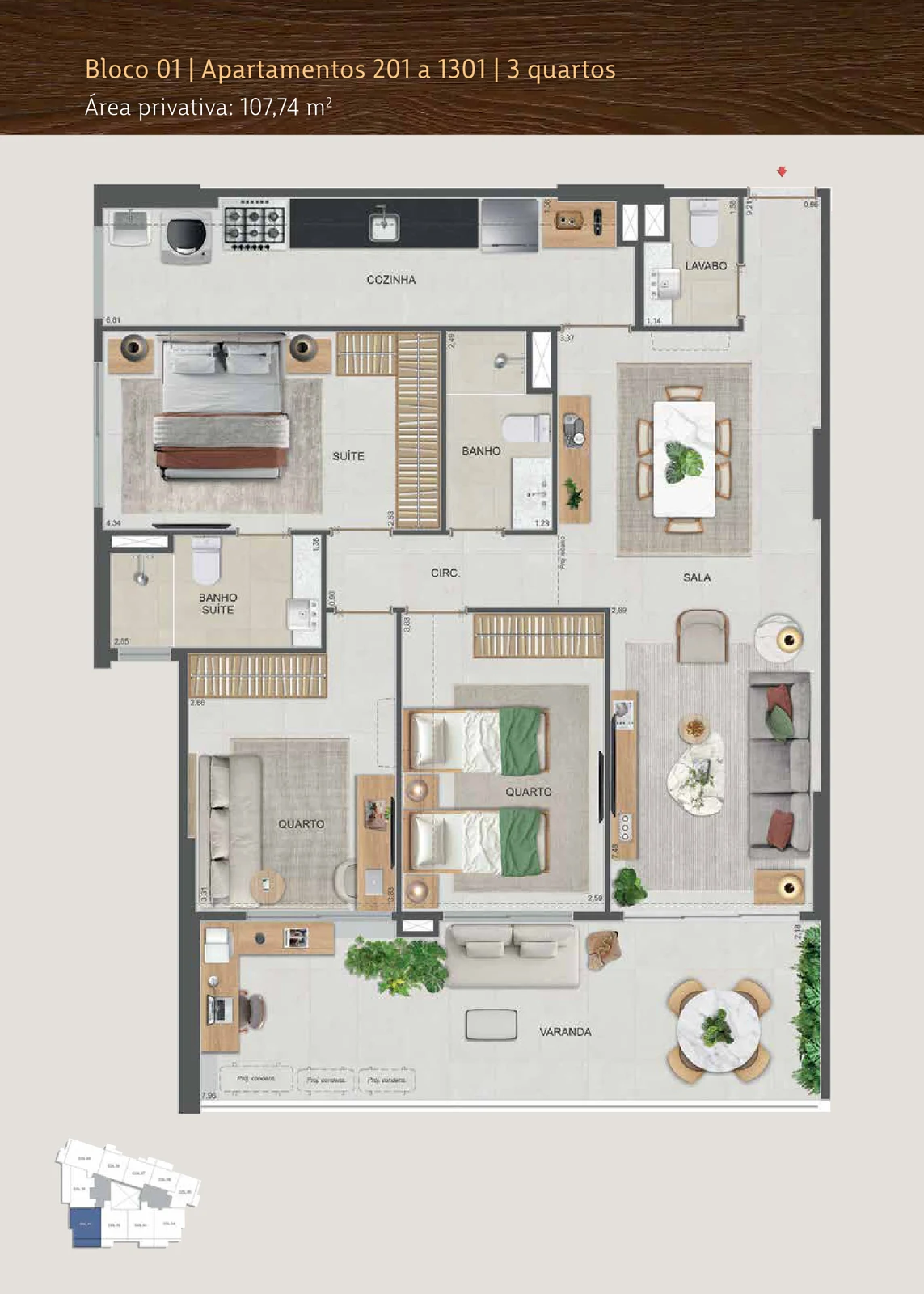 Planta 3 quartos — 94 a 111 m² — Symphony Residences